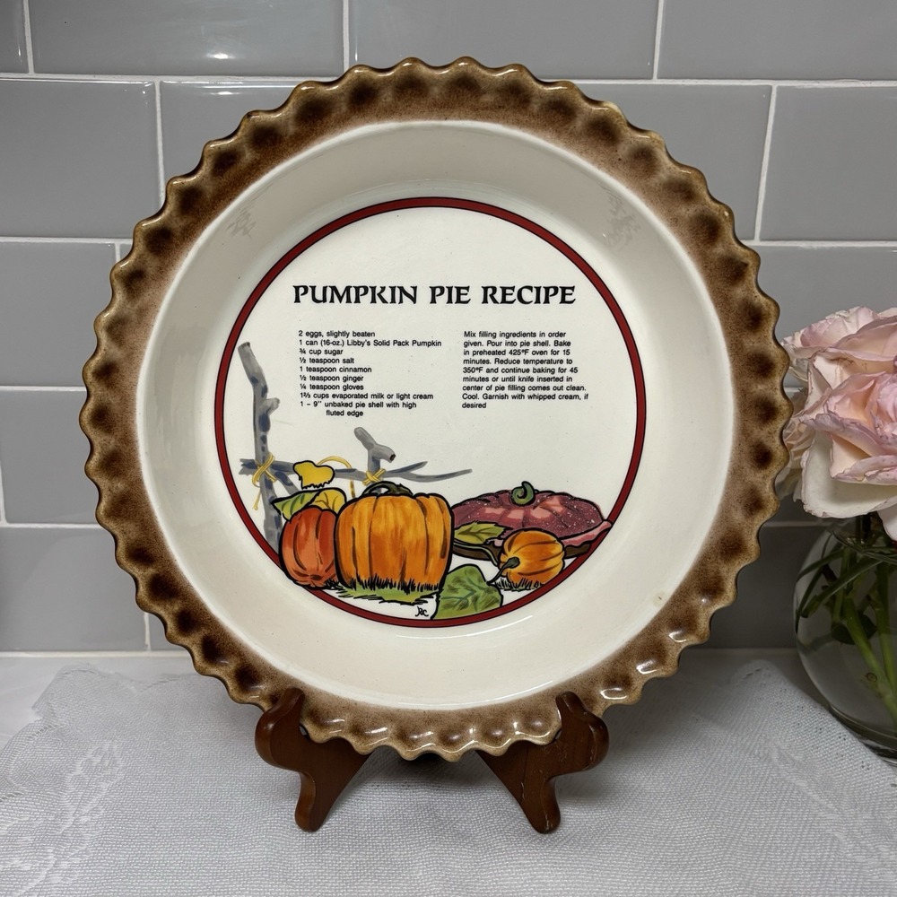 Clay Castle Pumpkin Pie Recipe Baking Dish 10" USA Ceramic Vintage Rare